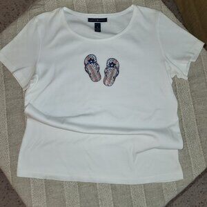 White Tee Shirt with Red and Blue Flip-Flops Decoration